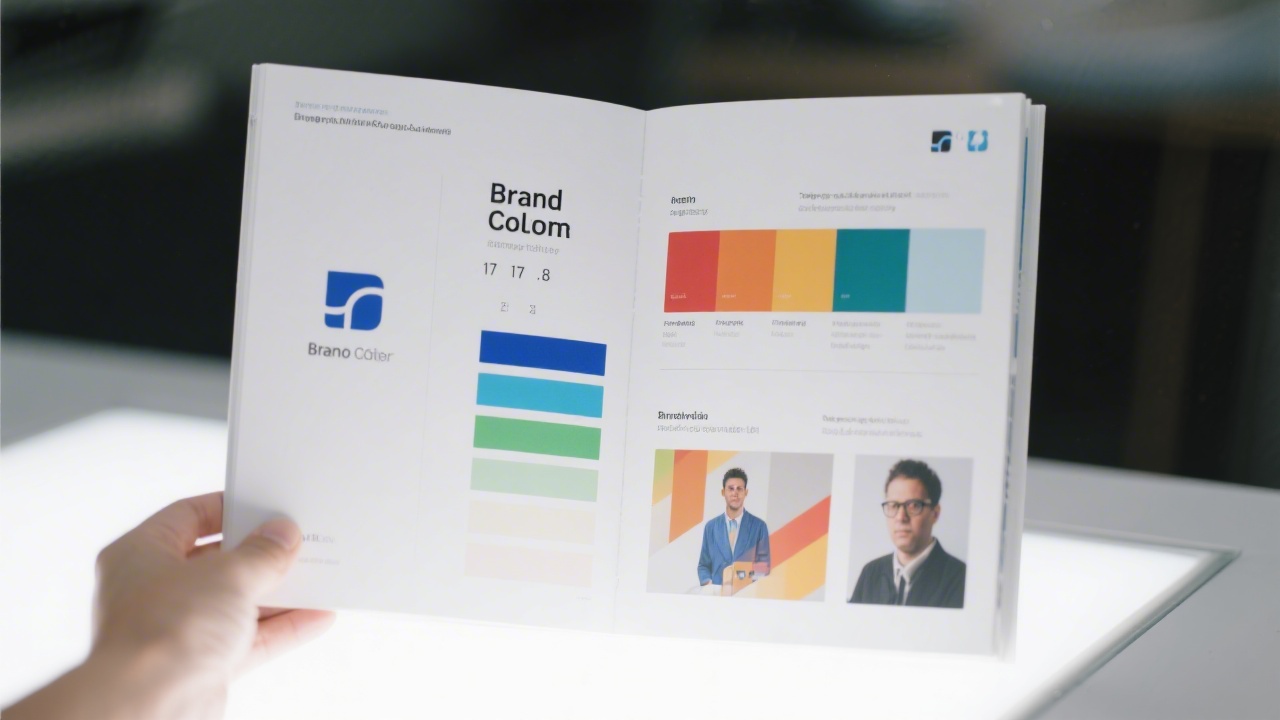 Open booklet showing brand color palette, typography hierarchy, logo usage and visual examples on a light table, highlighting a complete brand guideline document.