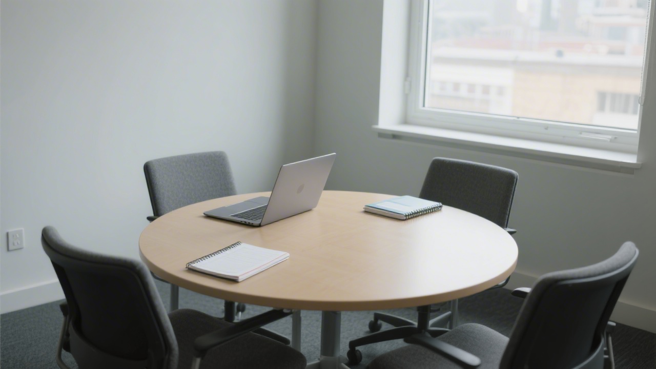 Small meeting room with a round table, notebooks, and a laptop near a window, representing a calm environment for client consultations.