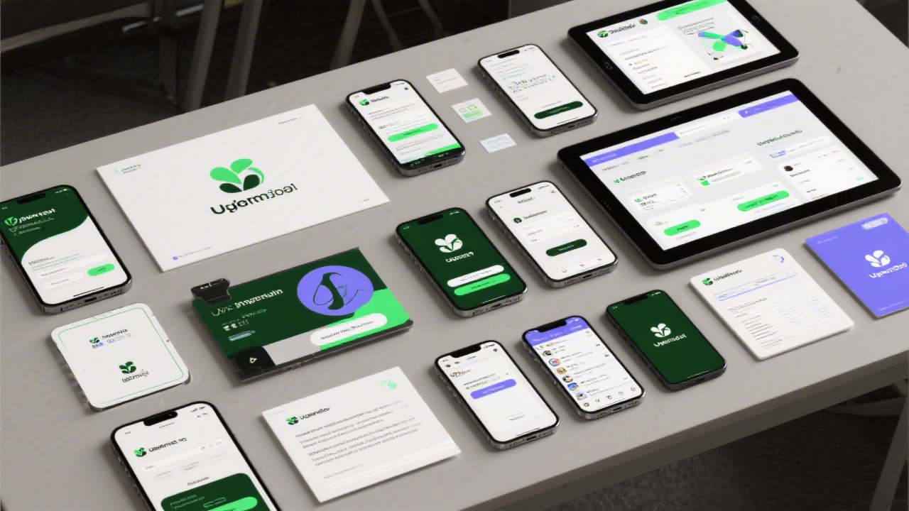 Collage of mobile screens, desktop layouts and social templates arranged neatly on a table, showing how a brand is applied across multiple digital touchpoints.
