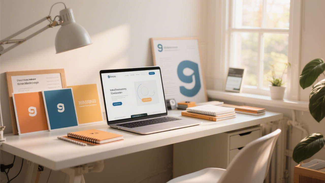 Bright studio desk with notebooks, printed brand boards, a laptop showing a clean website layout, and warm natural light, illustrating a professional branding and web design environment.