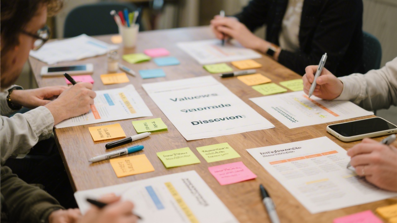 Workshop table with sticky notes, printed insights, and pens, showing a collaborative brand discovery session focused on values, audience and positioning.