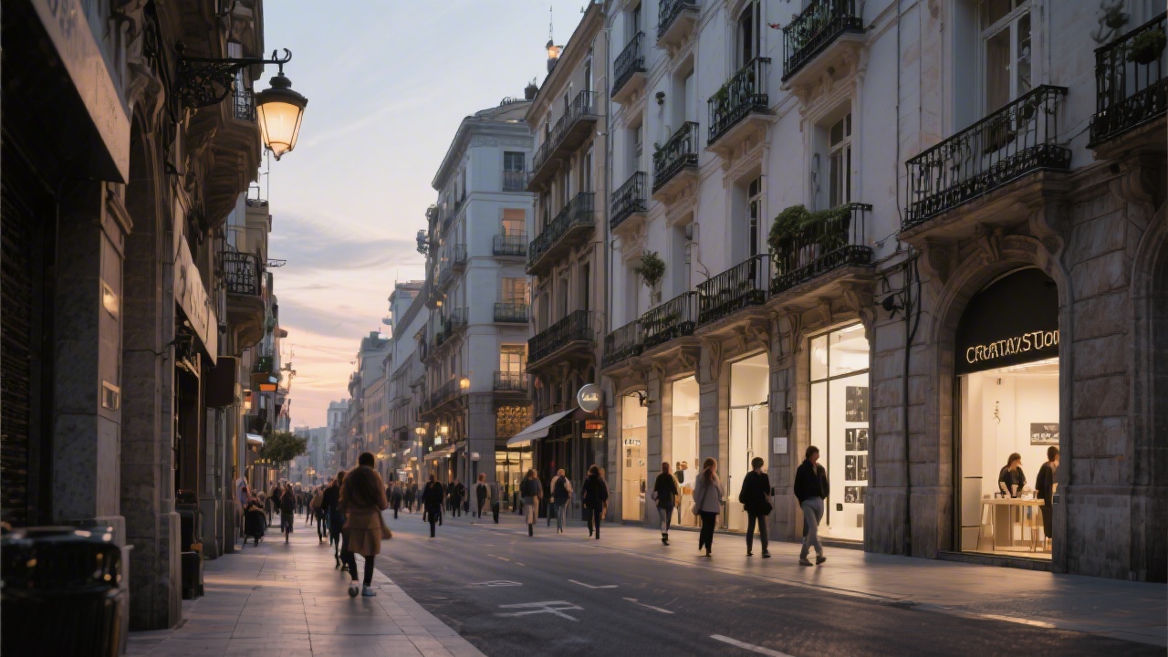 View of a central Madrid street with classic architecture, soft evening light and pedestrians, conveying the local context of a creative studio in Spain.