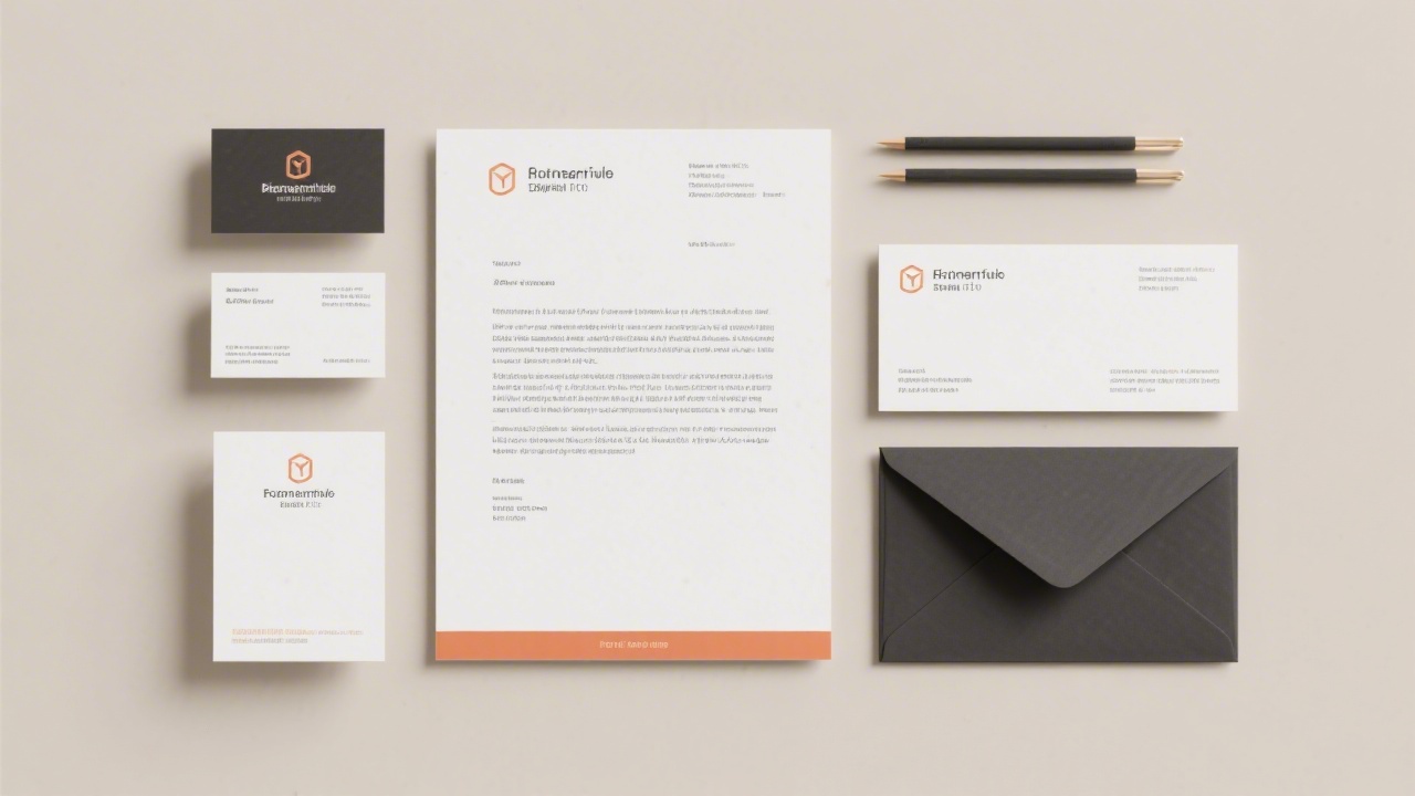 Neatly arranged printed stationery items including business cards, letterheads and envelopes in a cohesive brand style on a neutral background.