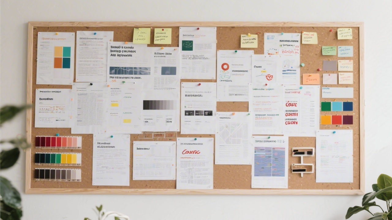 Large pinboard filled with printed research, brand attributes, competitor notes and color swatches, showing an organized strategic branding analysis process.