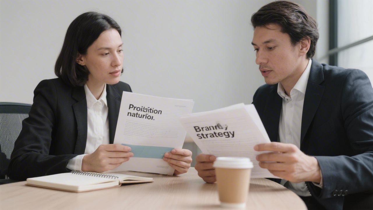 Two professionals reviewing brand strategy documents on a table with a notebook and coffee, indicating a focused session on positioning and narrative.