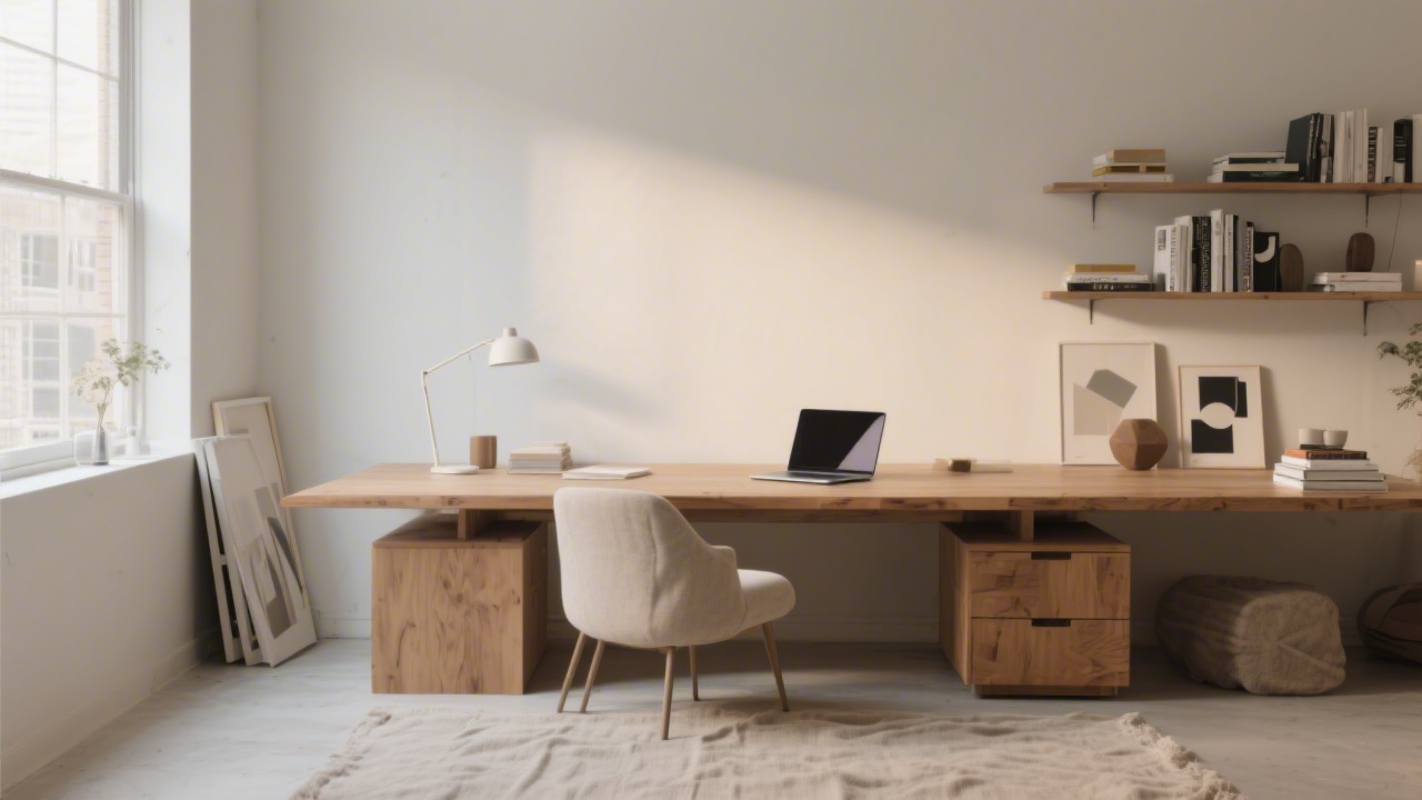 Calm modern studio interior with a large wooden desk, neutral textiles, a laptop, design books and soft light, conveying a premium yet approachable creative workspace.