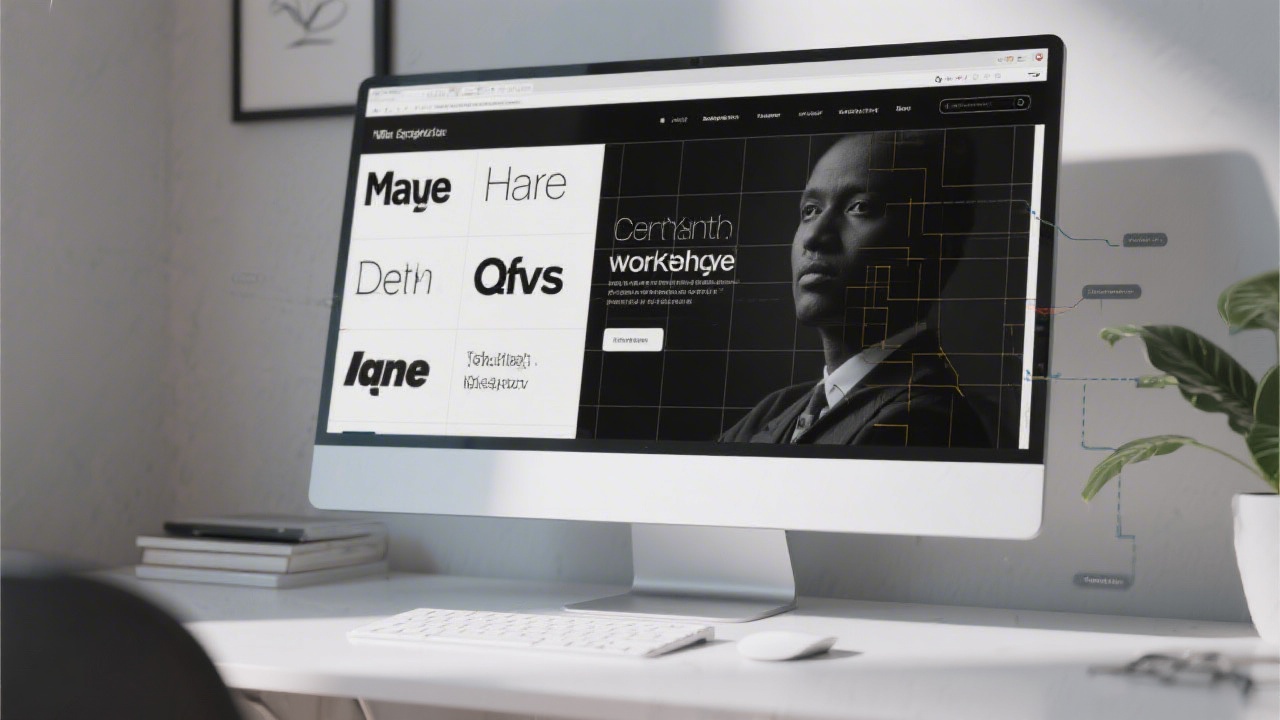 Desktop monitor displaying a clean, grid based website mockup with typography samples, navigation structure and hero section, representing modern web design work.